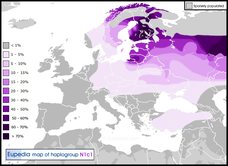 Mapa de distribucin de haplogrupo N1c1 in Europe