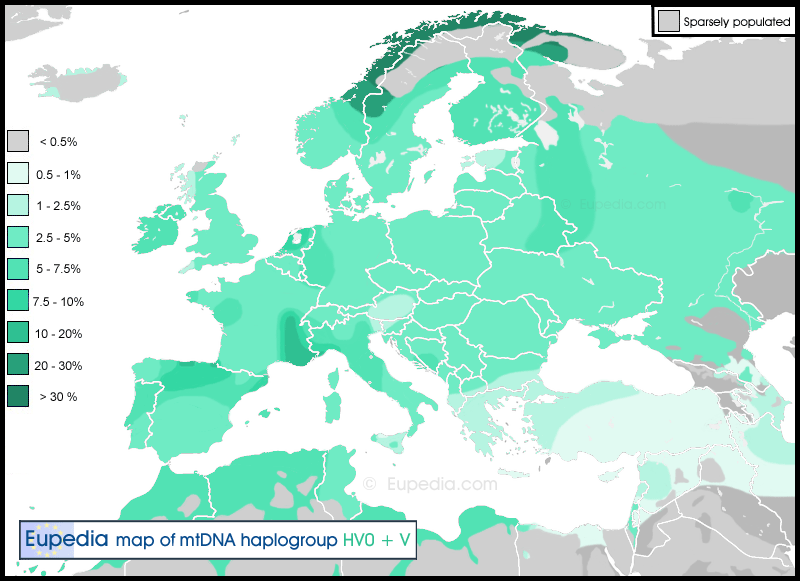 Distribution of mtDNA haplogroups pre-V (HV0) and V in Europe, the Near East and North Africa