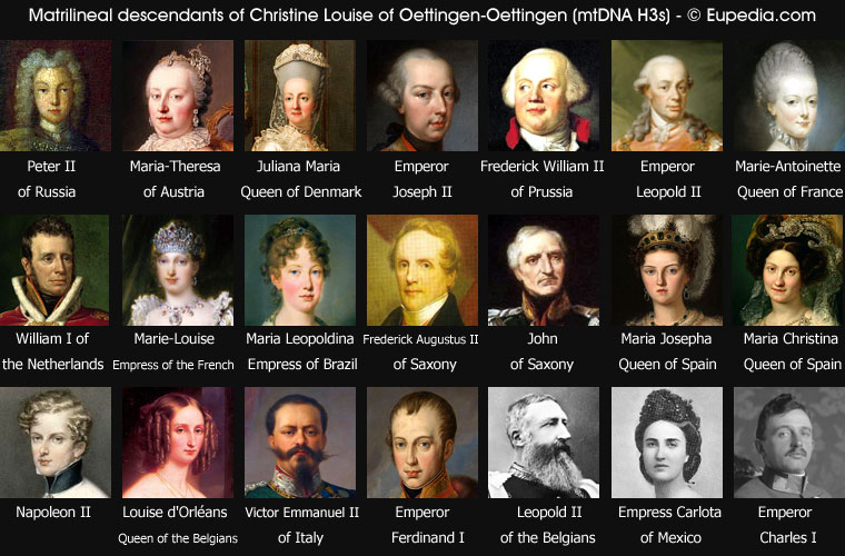 Matrilineal descendants of Princess Christine Louise of Oettingen-Oettingen, all belonging to mtDNA haplogroup H -  Eupedia.com